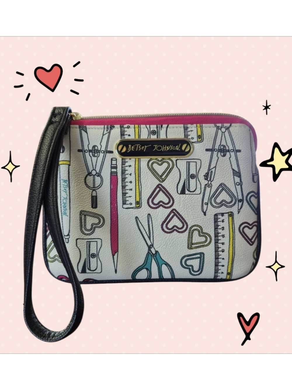 Betsey Johnson White School Tools Print Wristlet with Pink Trim
